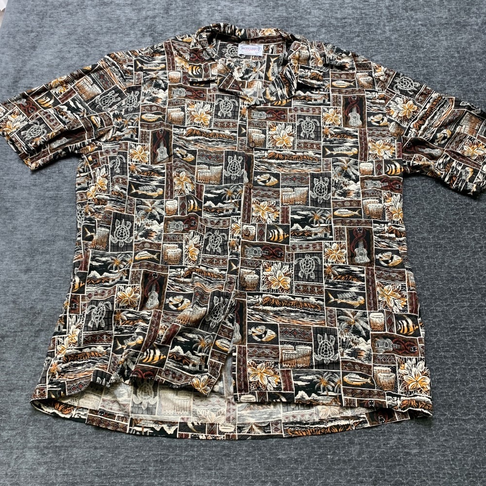 Pacific Legend Hawaiian Shirt Mens 2XL Brown Palms Traditional Camp Collar